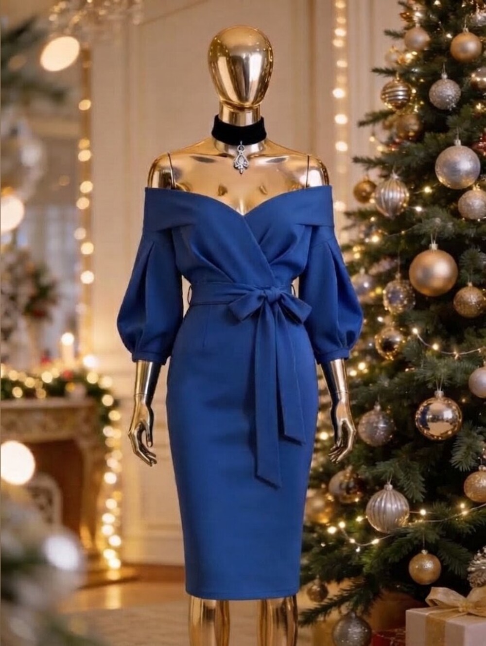 Boohoo Royal Blue Off Shoulder Midi Dress with Tie Waist